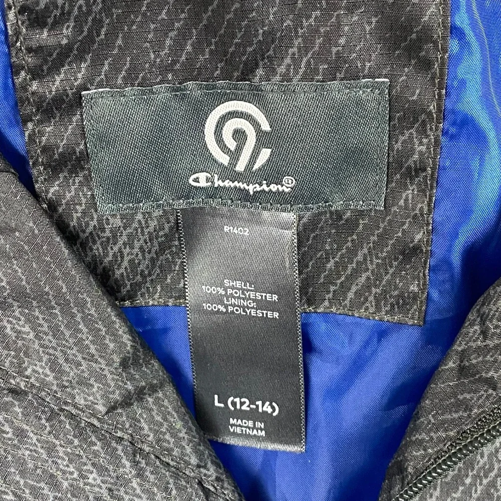 Champion Kids L (12-14) Windbreaker Jacket Black Patterned‎ Hooded Full Zip